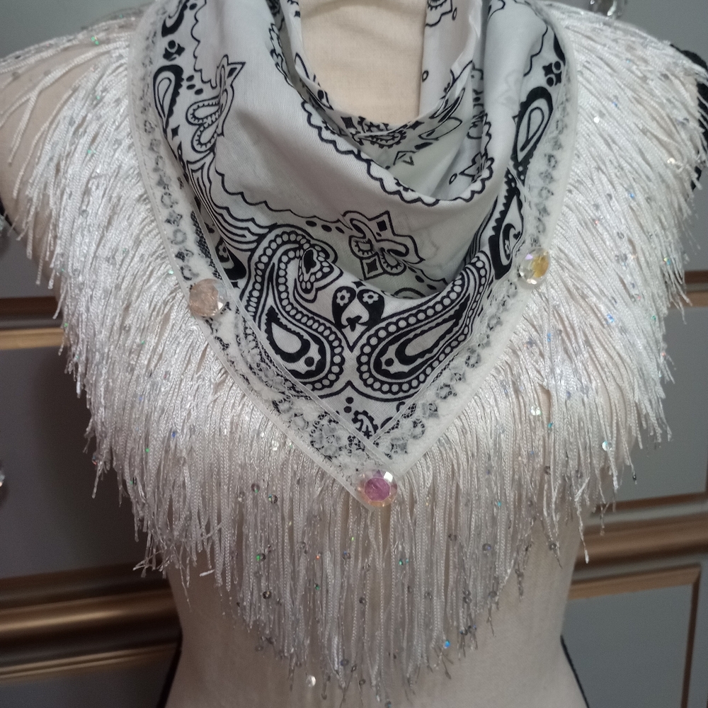 White and Black Paisley Fringe Scarf